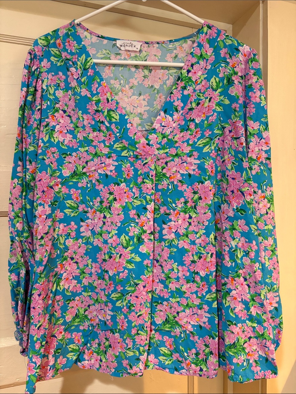 Emily Wonder 1XTeal Pink Floral V-Neck Faux Button-Front Blouse